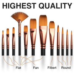 Professional Artist Paint Brush Set of 12 - Painting Brushes Kit for Kids, Adults Fabulous for Canvas, Watercolor & Fabric - for Beginners