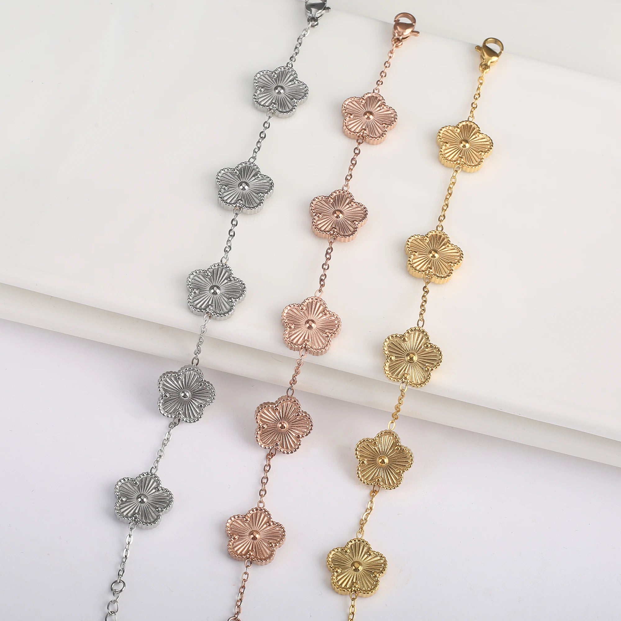 Stainless Steel Five-Leaf Flower Bracelet